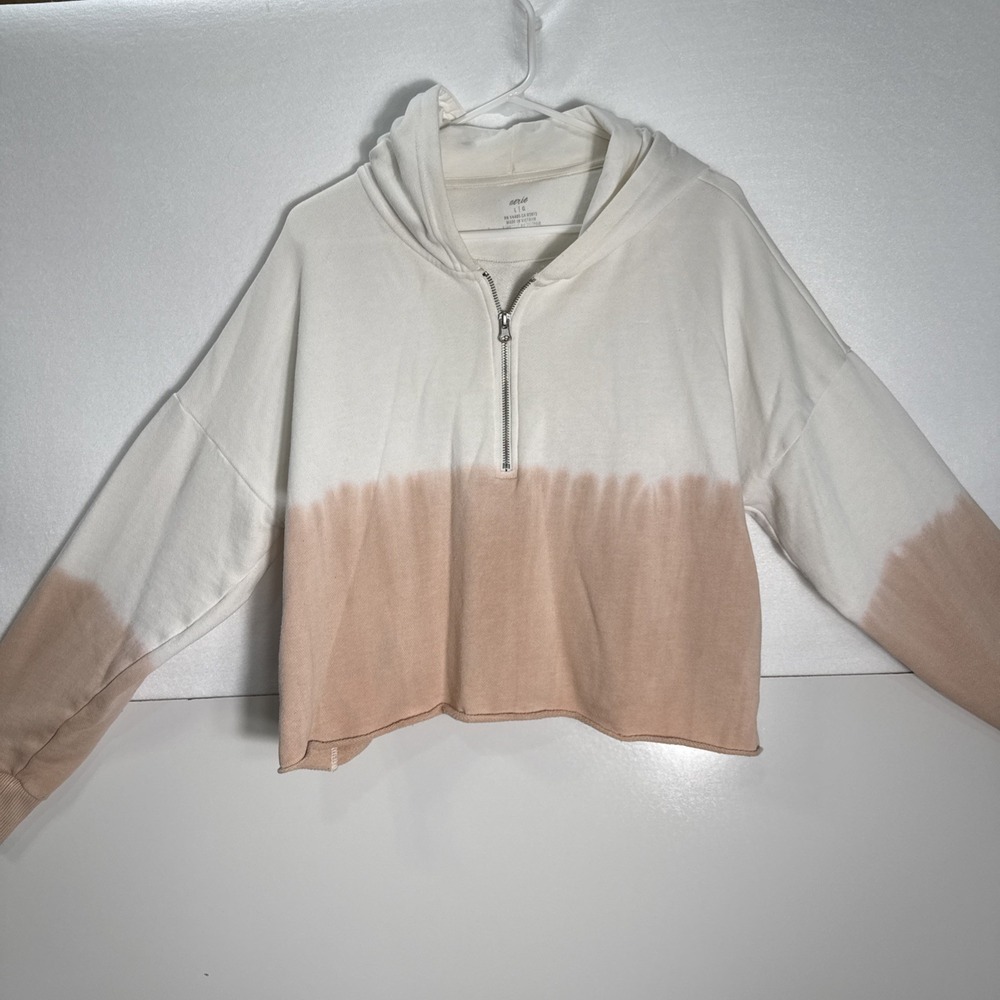 AERIE White & Peach Tie Dye Crop Half Zip Oversized Hoodie Large 54485